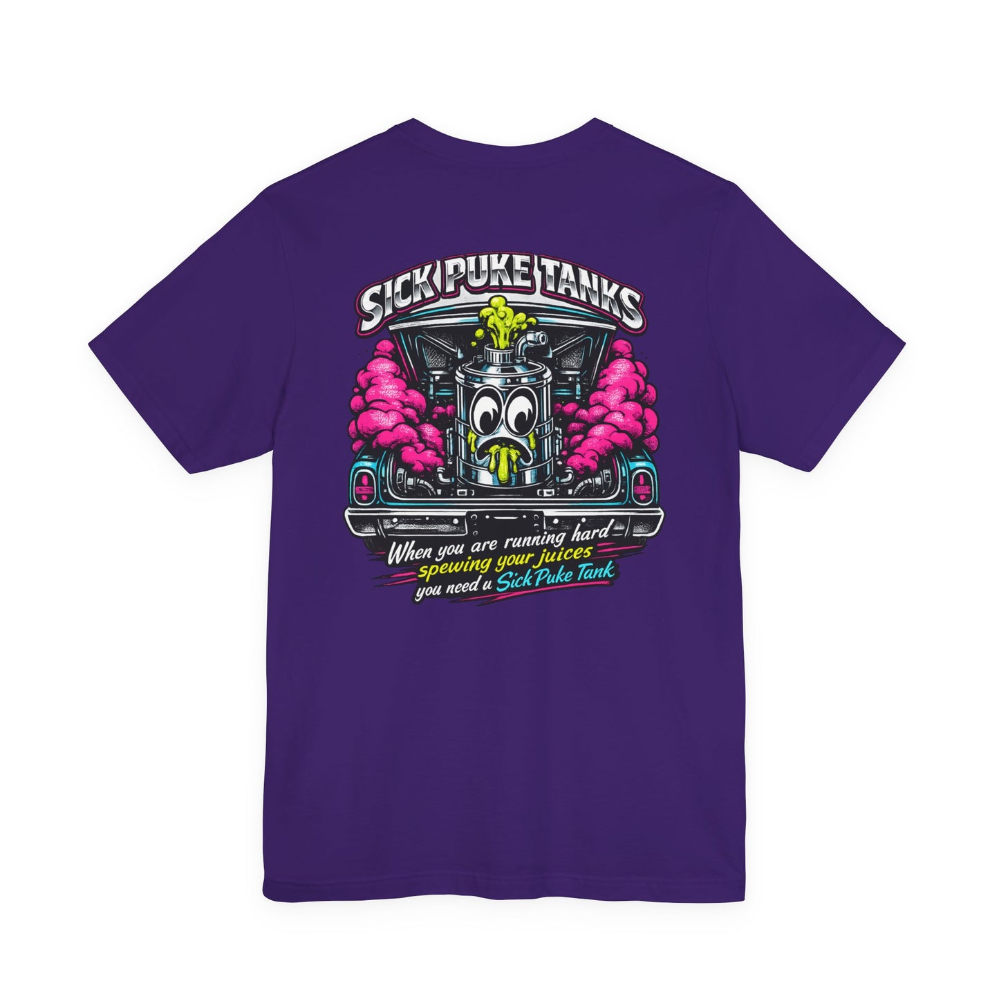 Purple Bella+Canvas 3001 t-shirt with a colorful graphic design and 'Sick Puke Tanks When you are running hard spewing your juices you need a Sick Puke Tank' text on the back