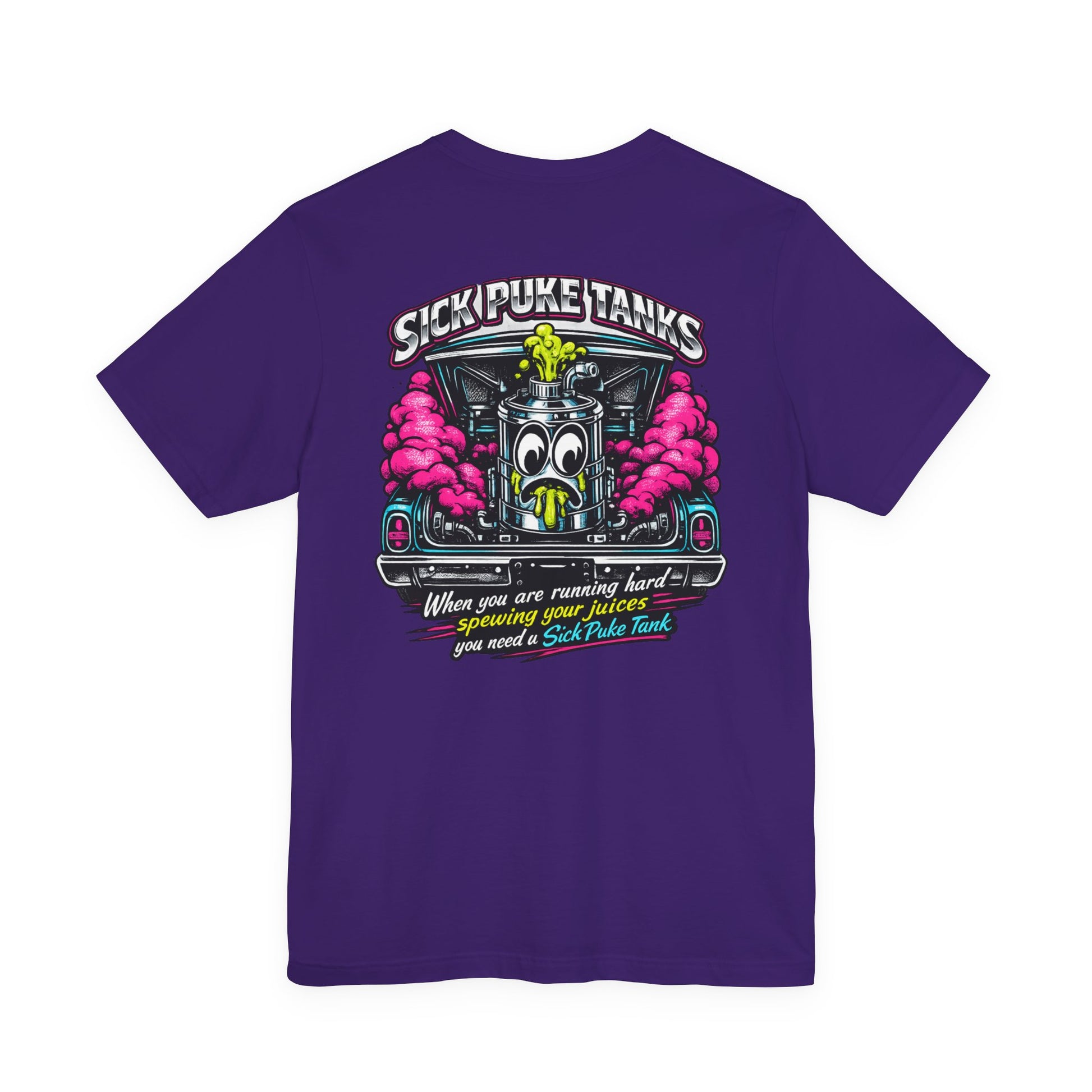 Purple Bella+Canvas 3001 t-shirt with a colorful graphic design and 'Sick Puke Tanks When you are running hard spewing your juices you need a Sick Puke Tank' text on the back