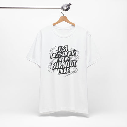 White t-shirt with black text on a hanger against a white background