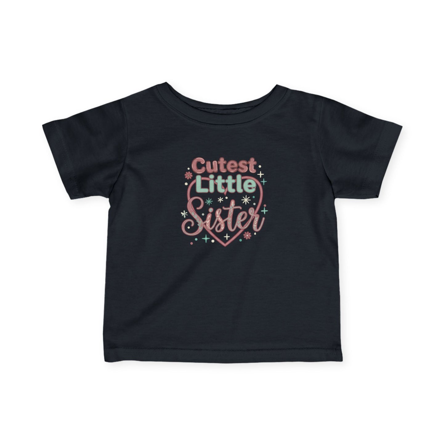 Black t-shirt with 'Cutest Little Sister' text on a white background