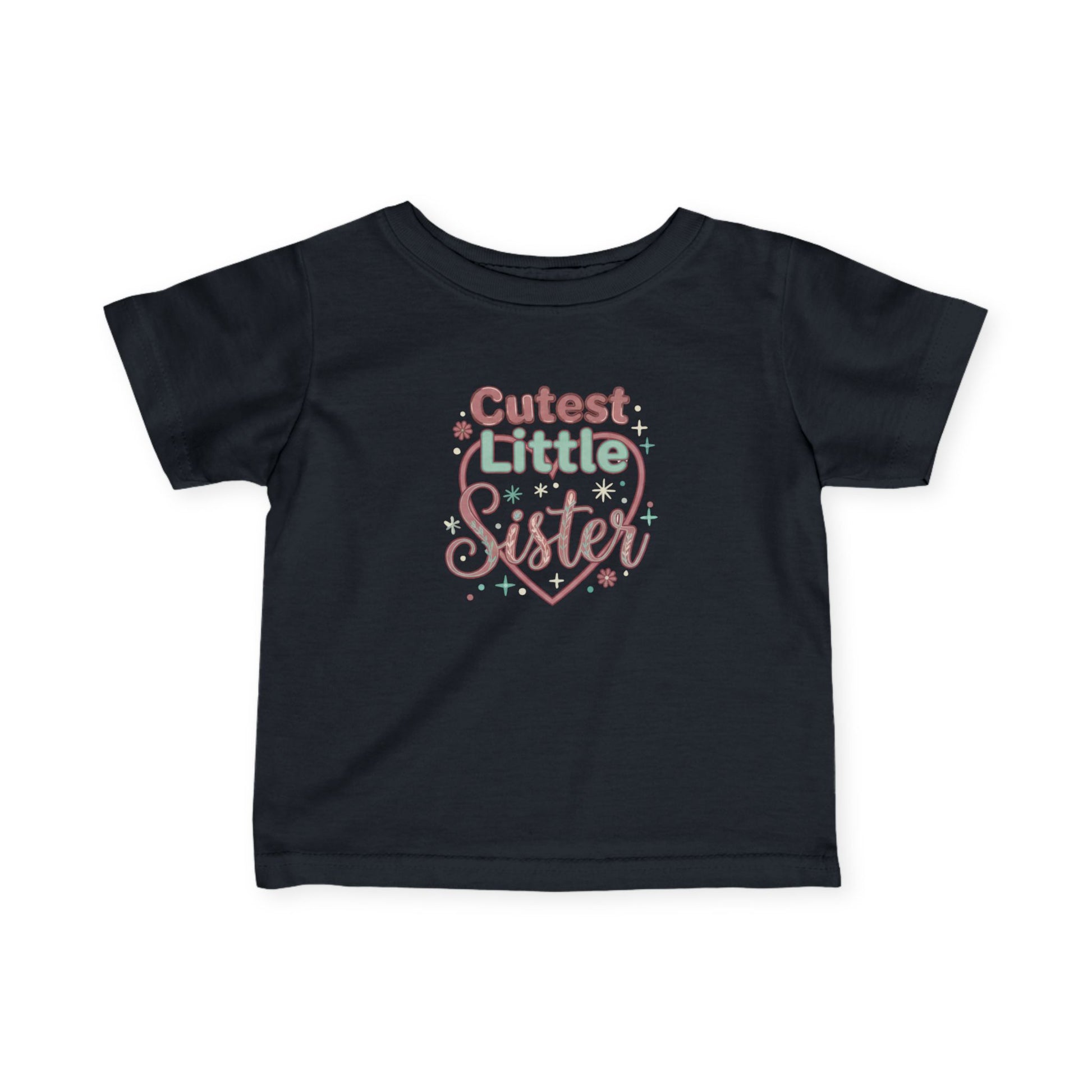 Black t-shirt with 'Cutest Little Sister' text on a white background