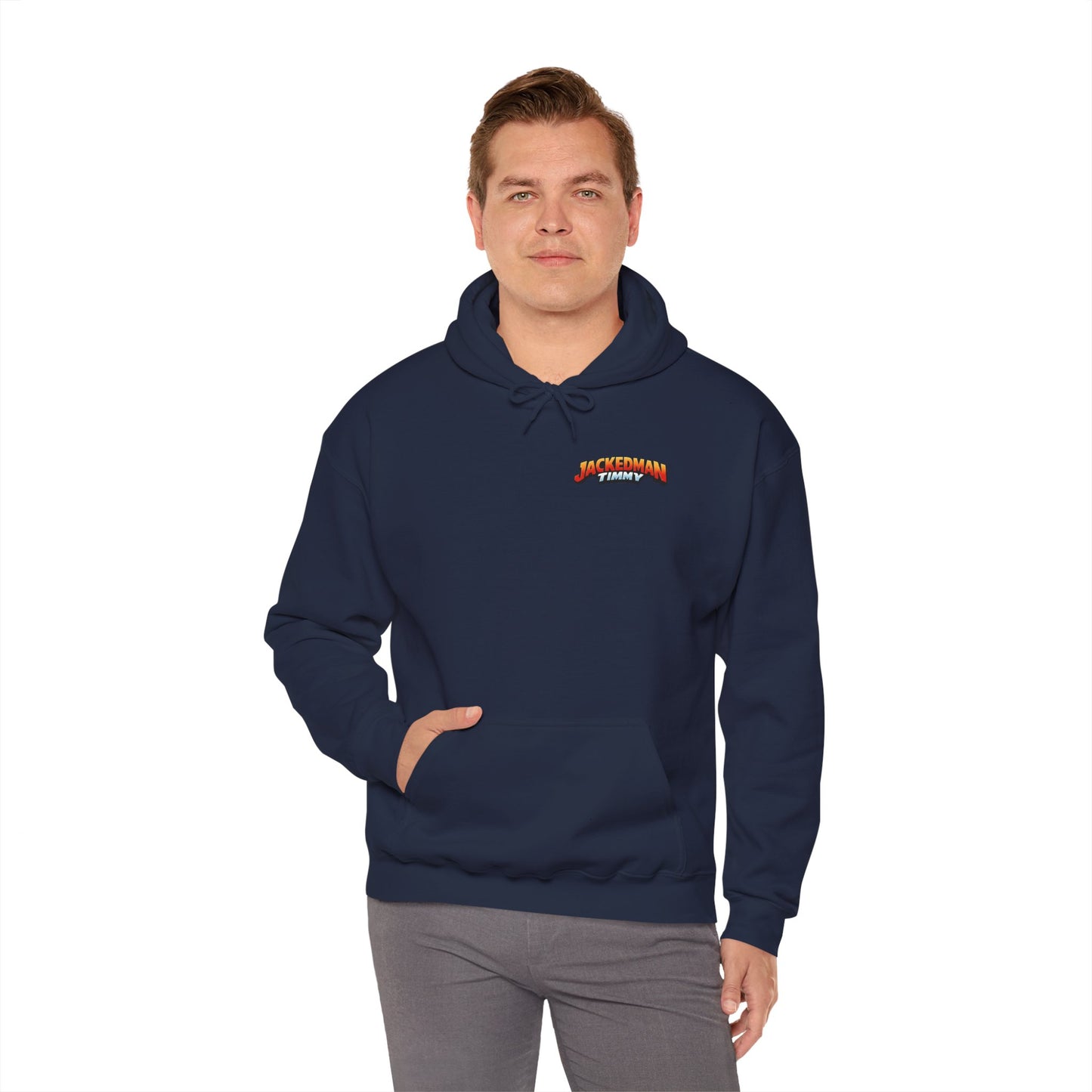 Man wearing a navy blue hoodie with a 'Jackedman Timmy' logo on a white background