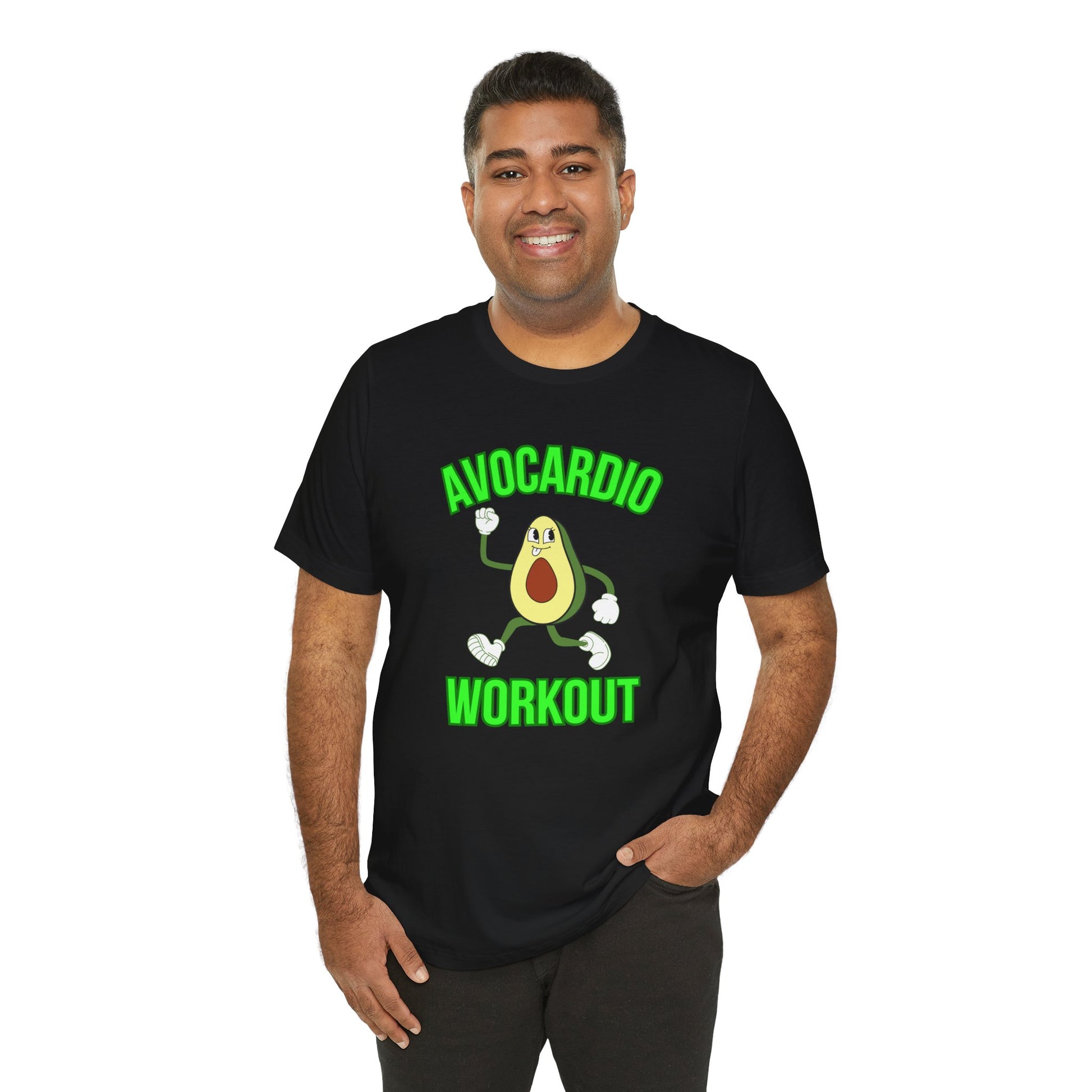 Man wearing a black t-shirt with an avocado graphic and text 'Avocardio workout' on a white background