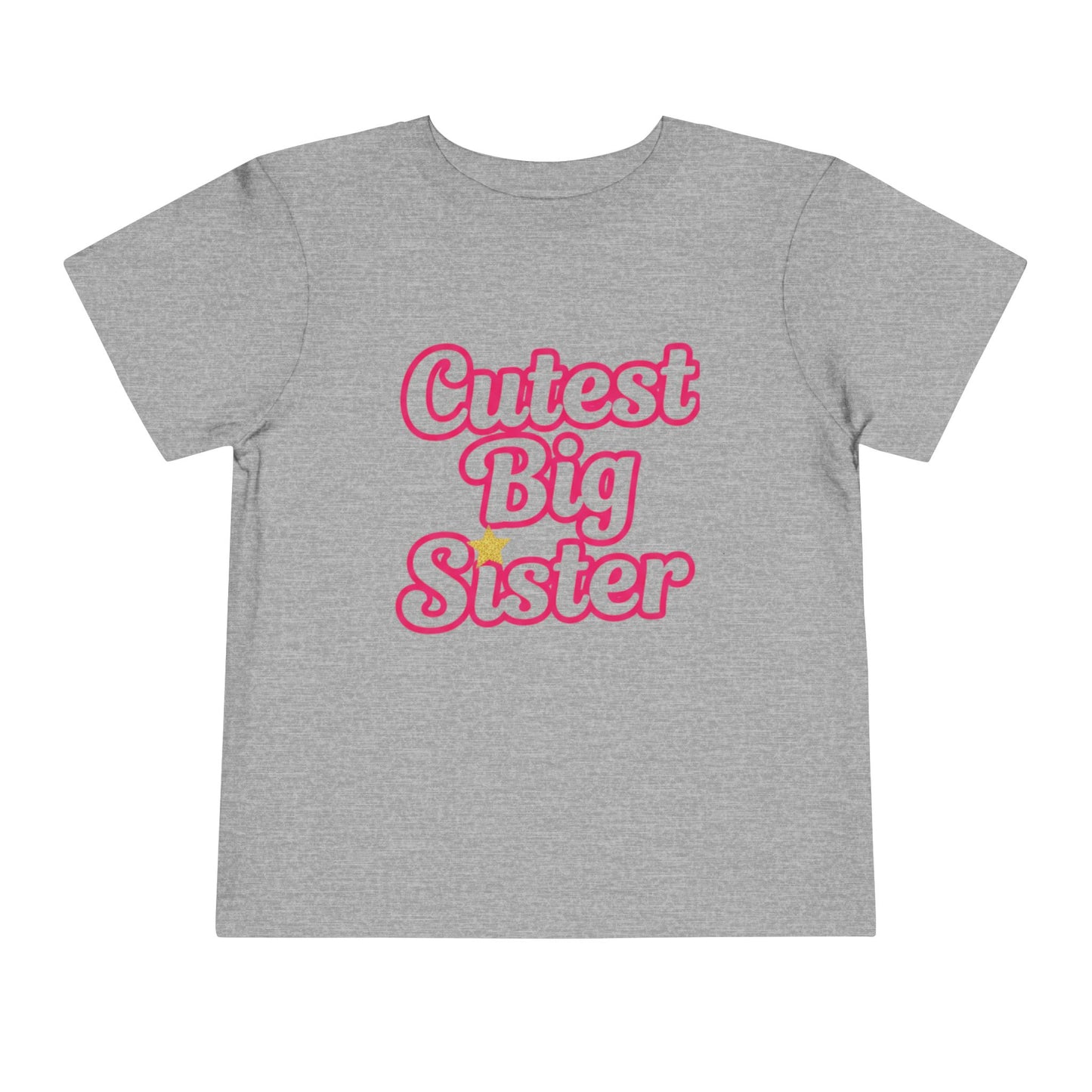 Gray t-shirt with 'Cutest Big Sister' text in pink on a white background