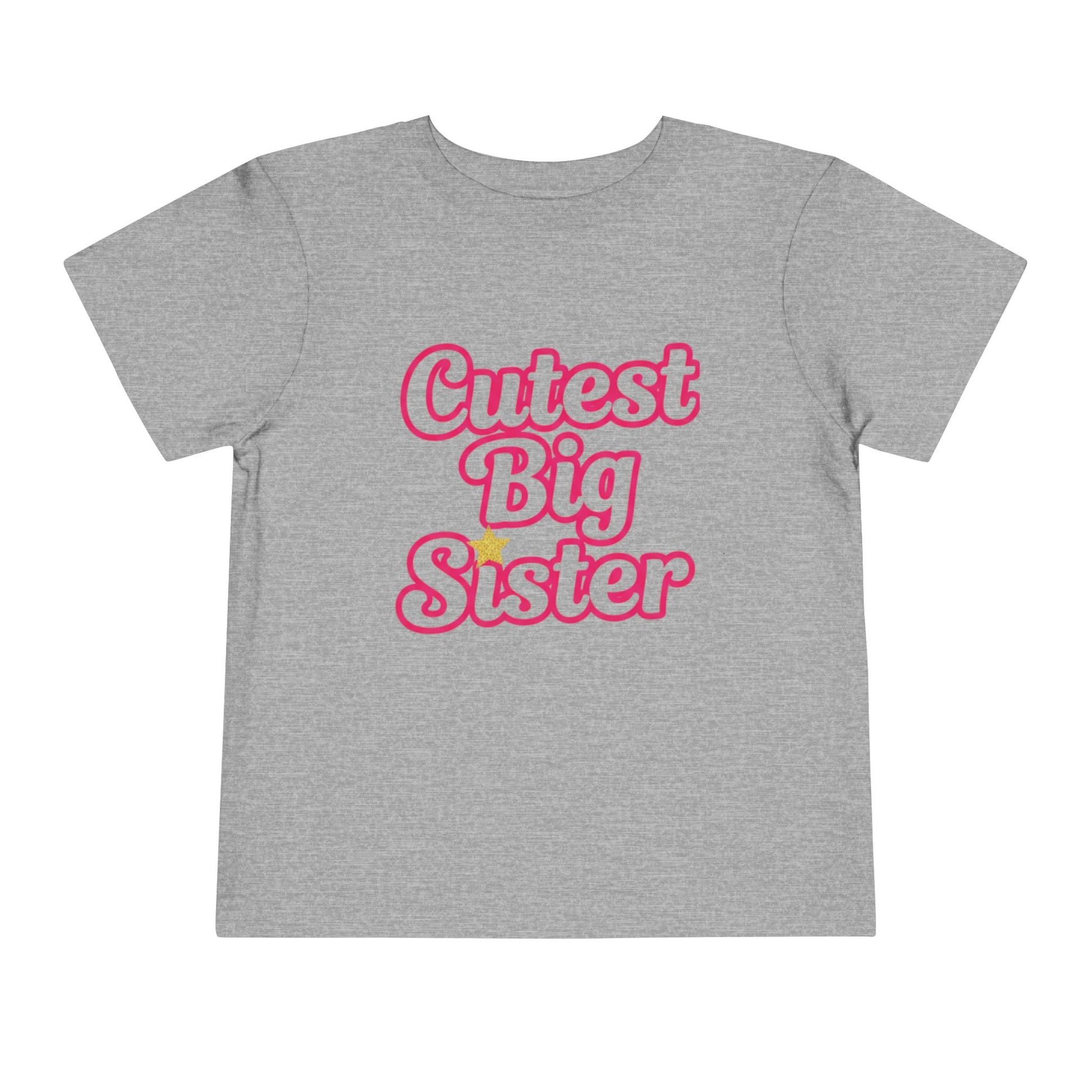 Gray t-shirt with 'Cutest Big Sister' text in pink on a white background