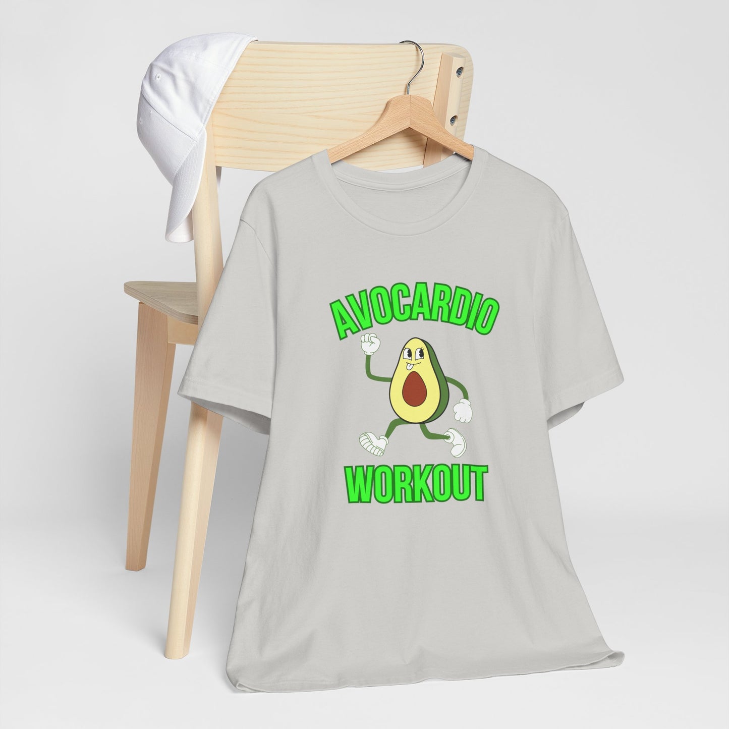 Gray t-shirt with avocado graphic and text 'Avocardio workout' on a white background