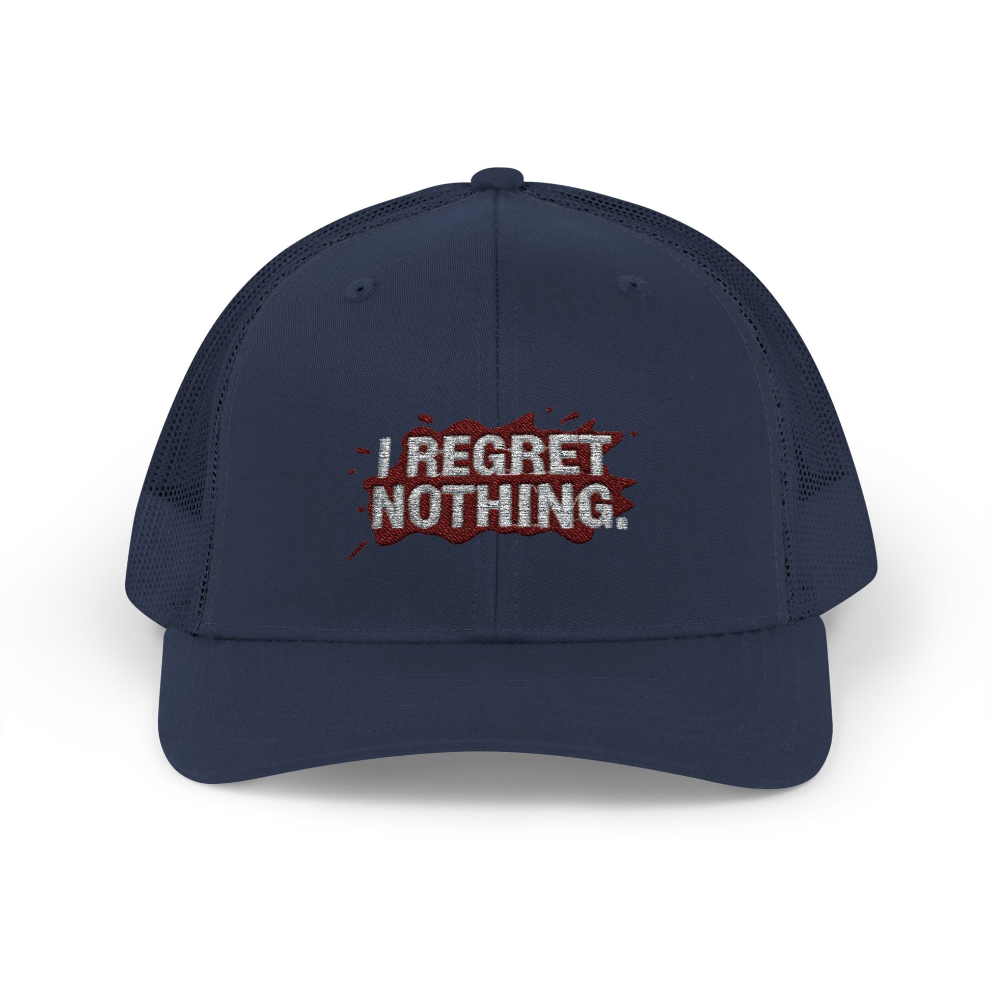 Navy blue cap with 'I Regret Nothing' text on a white background
