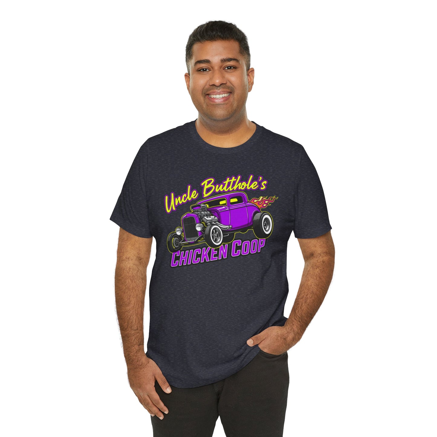 Man wearing a heather navy Bella+Canvas 3001 t-shirt with a purple hot rod graphic and text 'Uncle Butthole's Chicken Coop' on a white background
