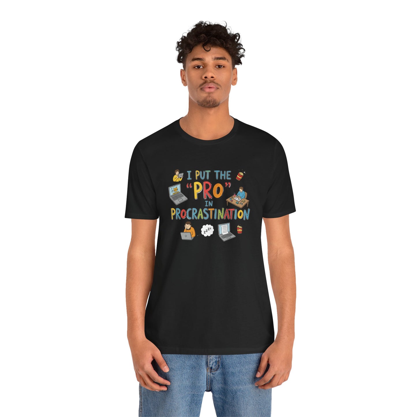 Person wearing a black t-shirt with colorful text and graphics on a white background