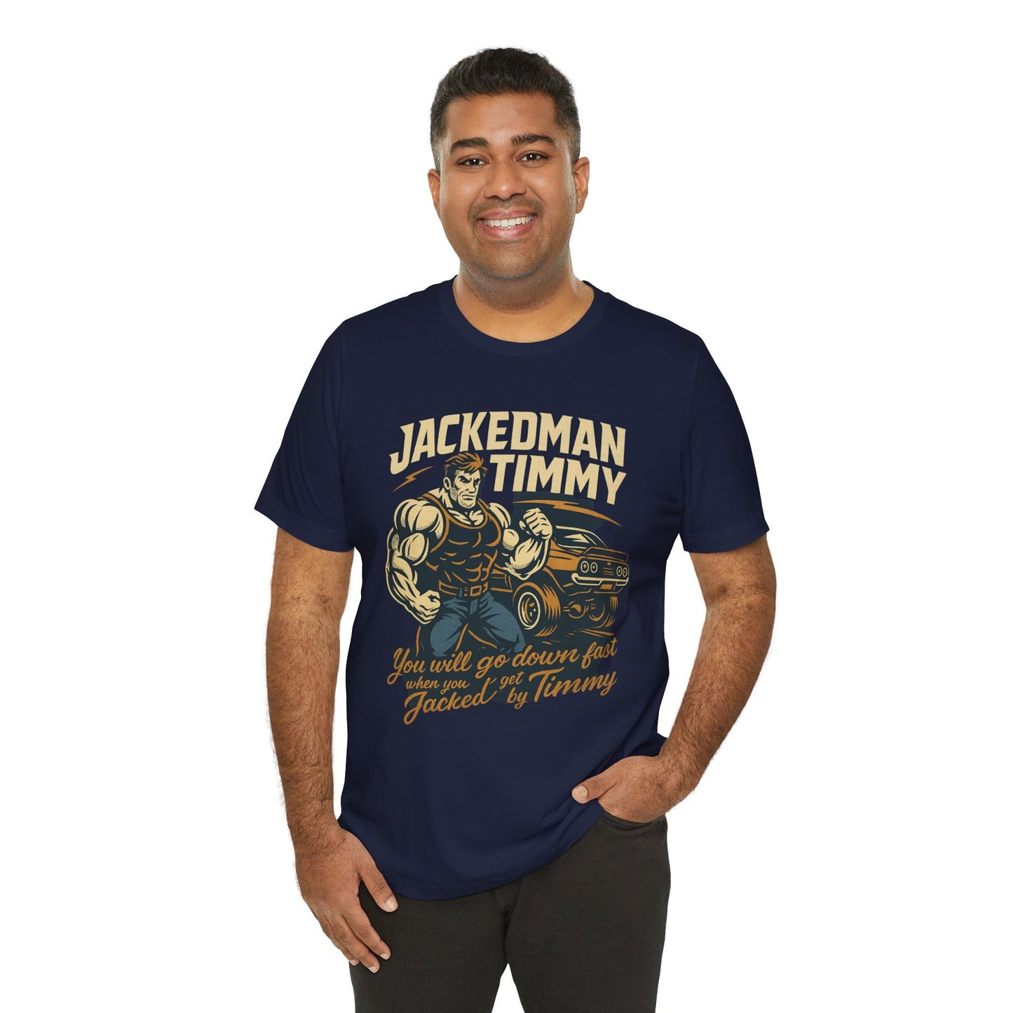 Man wearing a navy blue t-shirt with 'Jackedman Timmy' graphic design on a white background