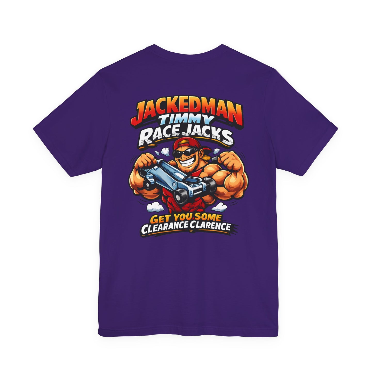 Purple t-shirt with a graphic design on the back featuring a character and 'Jackedman Timmy Race Jacks Get You Some Clearance Clarence' text.