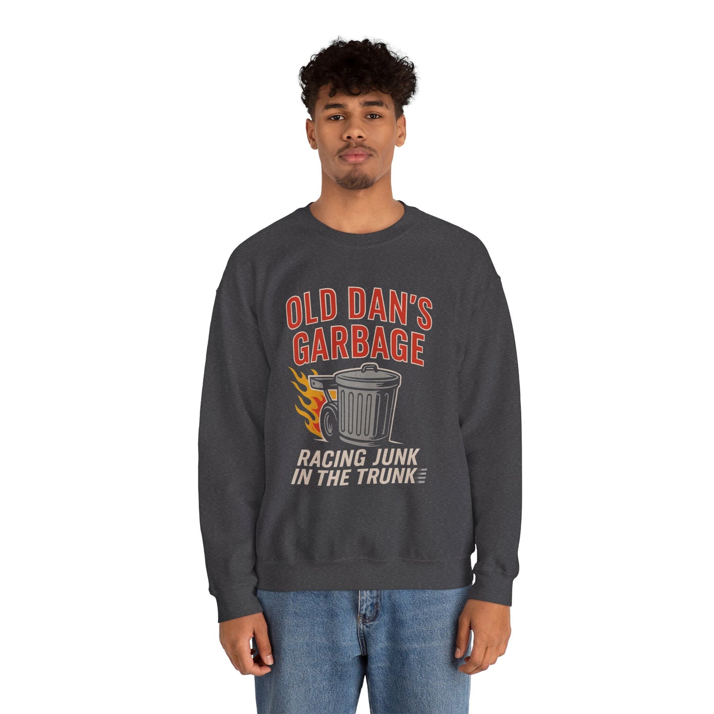 Young man wearing a dark heather Gildan 18000 sweatshirt with Old Dan's Garbage Racing Junk in the Trunk graphic.