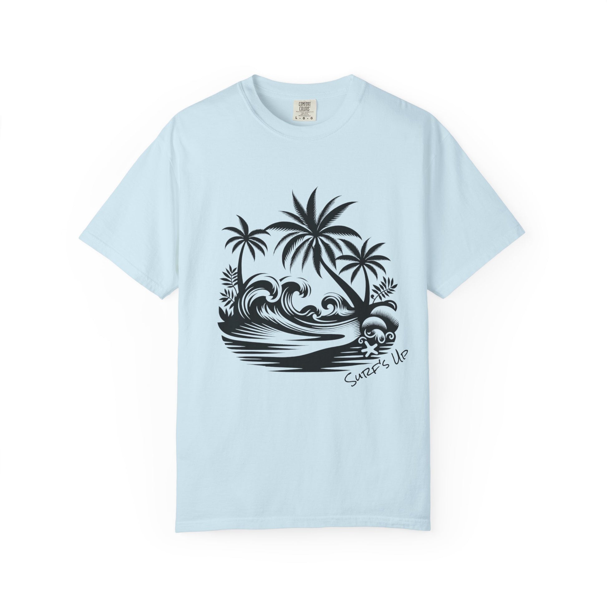 Light blue t-shirt with black palm tree and wave design on a white background