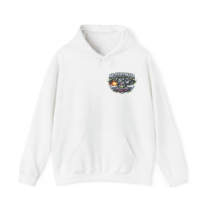 White hoodie with a colorful 'McFartman Racing' logo on a white background