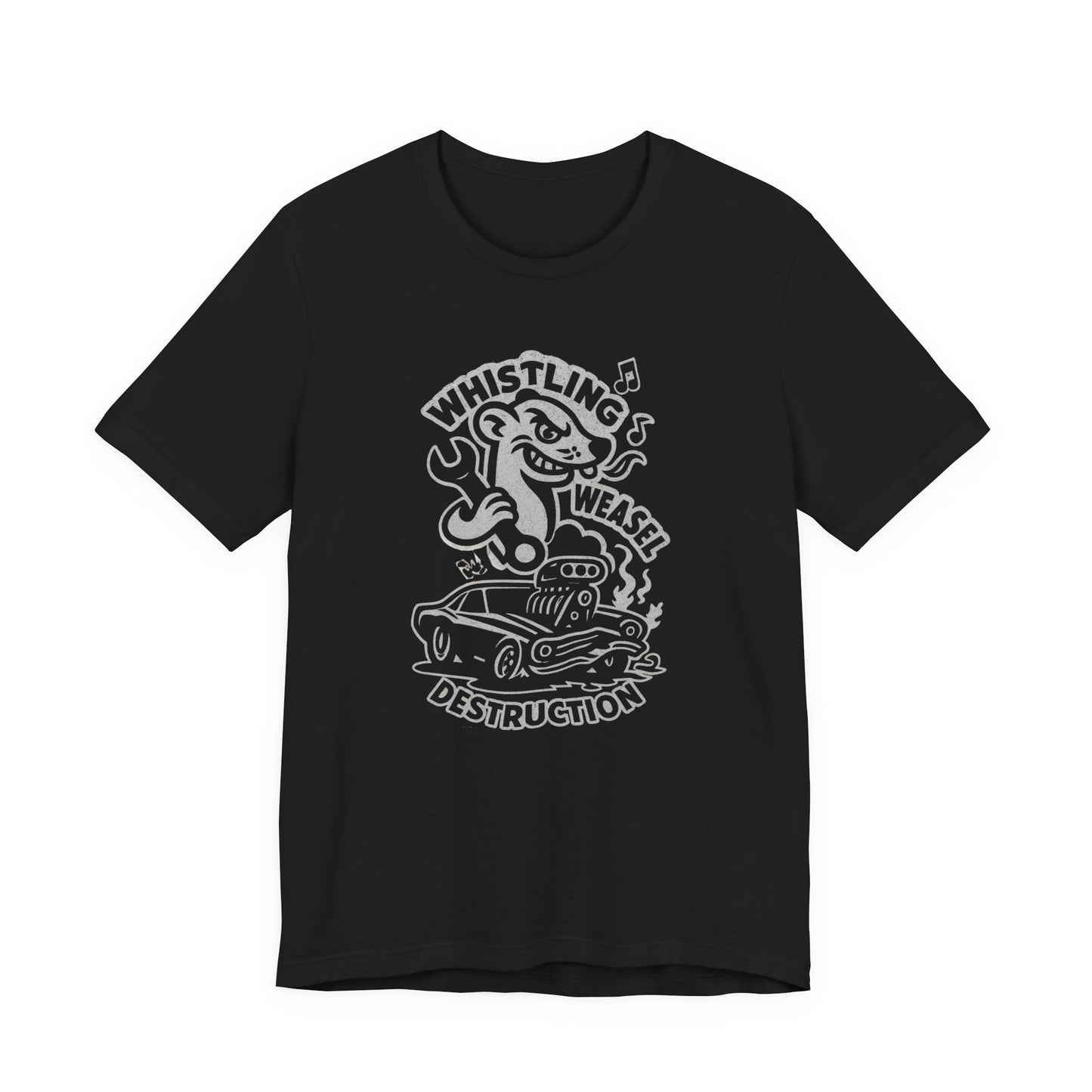 Cartoon weasel holding a wrench behind a flame-spitting muscle car with “Whistling Weasel Destruction” text—funny black drag racing t-shirt for motorsport fans.