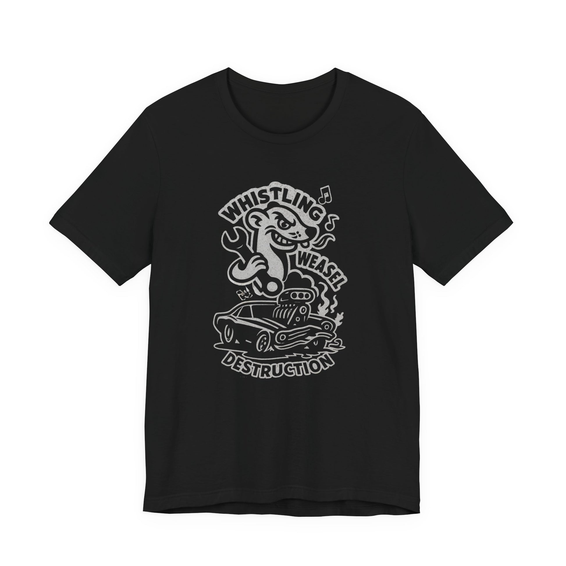 Cartoon weasel holding a wrench behind a flame-spitting muscle car with “Whistling Weasel Destruction” text—funny black drag racing t-shirt for motorsport fans.