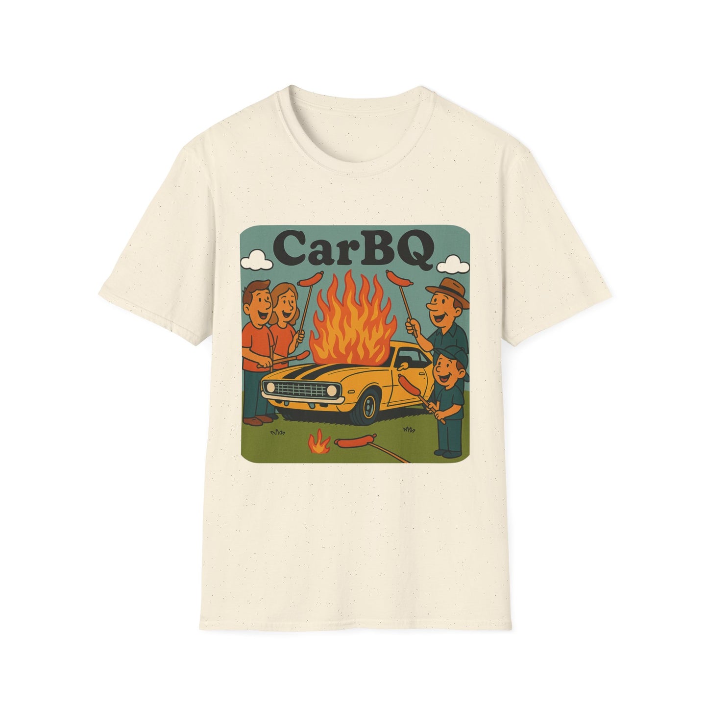 Beige t-shirt with 'Car BBQ' graphic design featuring people around a car with flames.