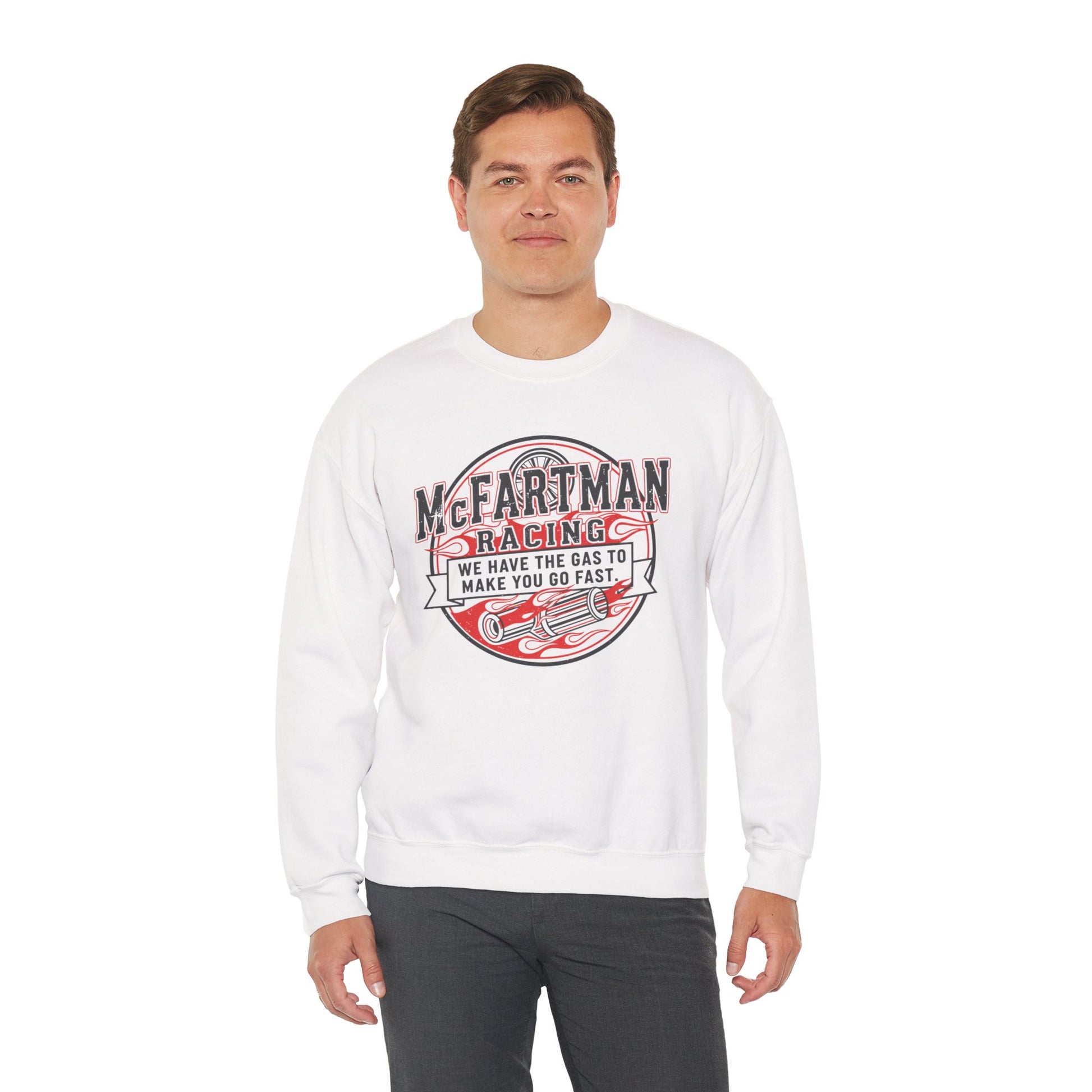 Man wearing a white sweatshirt with a graphic design McFartman Racing We have the gas to make you go fast on a white background
