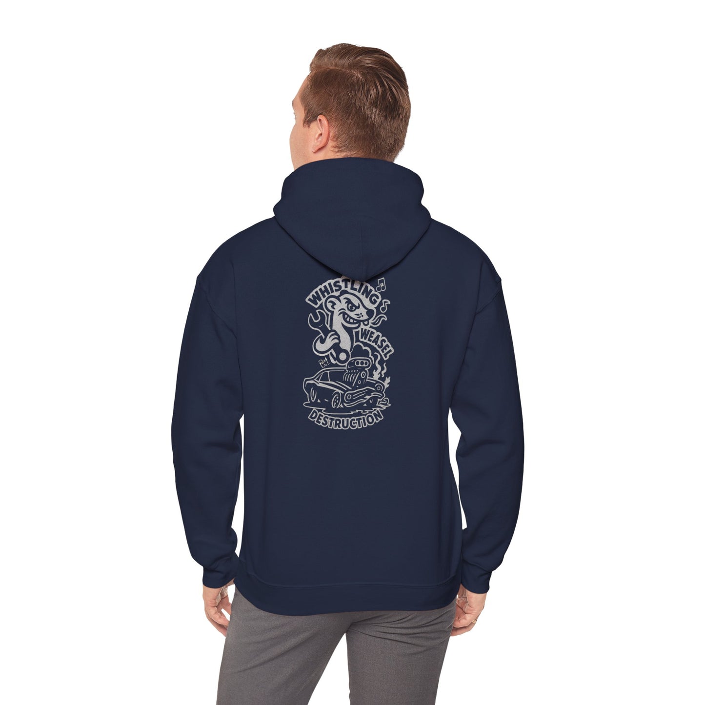 Man wearing navy Gildan 18500 hoodie displaying large white back graphic with cartoon weasel and flaming car engine.