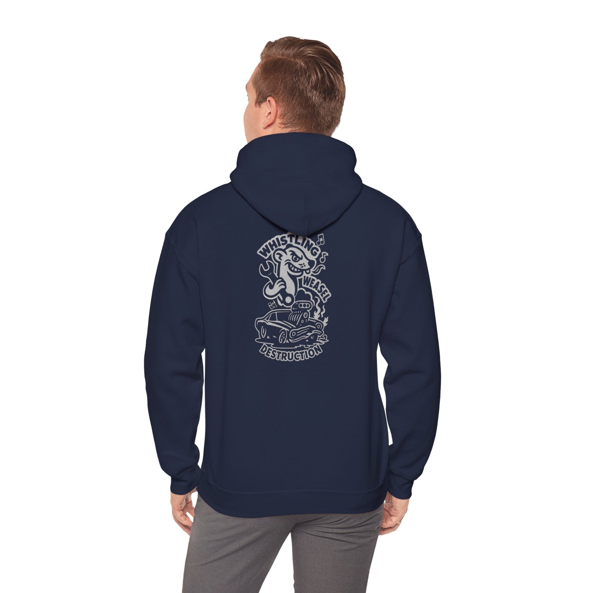Man wearing navy Gildan 18500 hoodie displaying large white back graphic with cartoon weasel and flaming car engine.