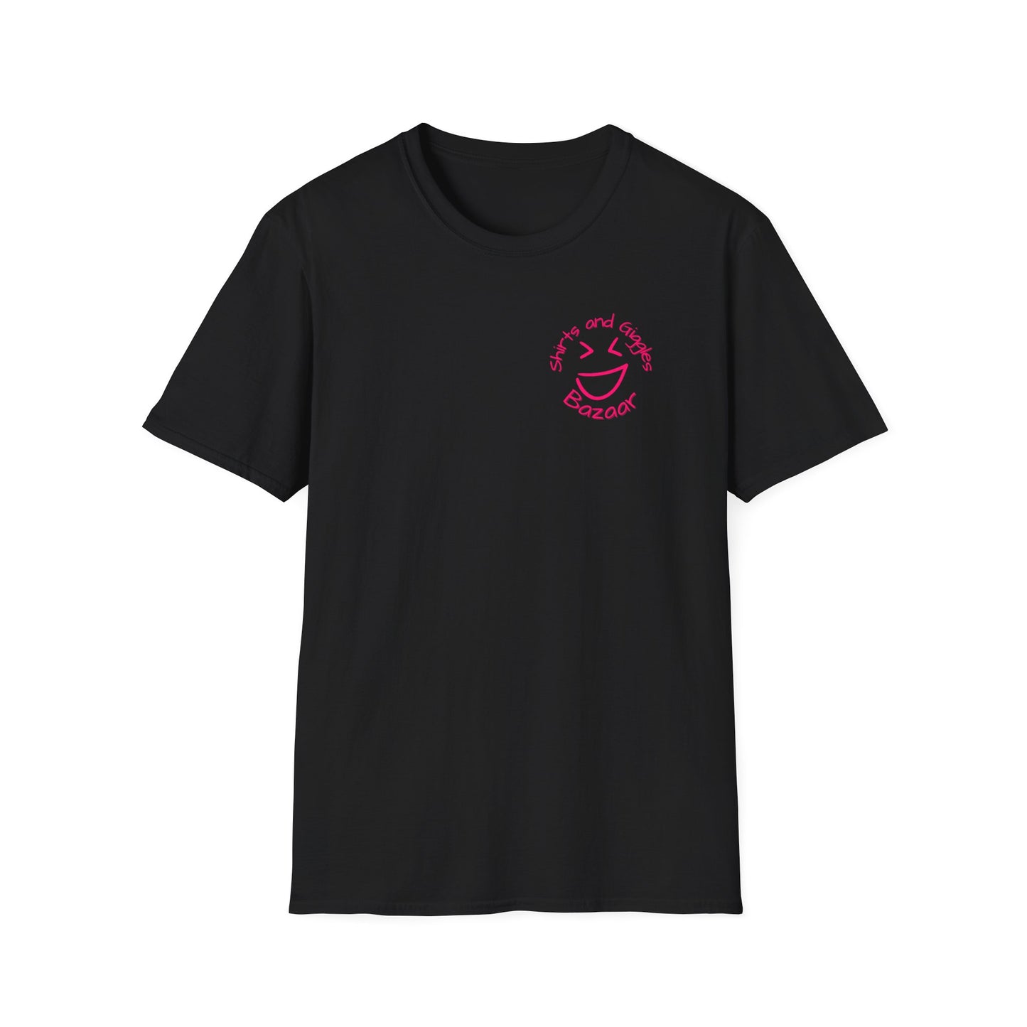 Black t-shirt with a 'Shirts and Giggles Bazaar' logo in pink