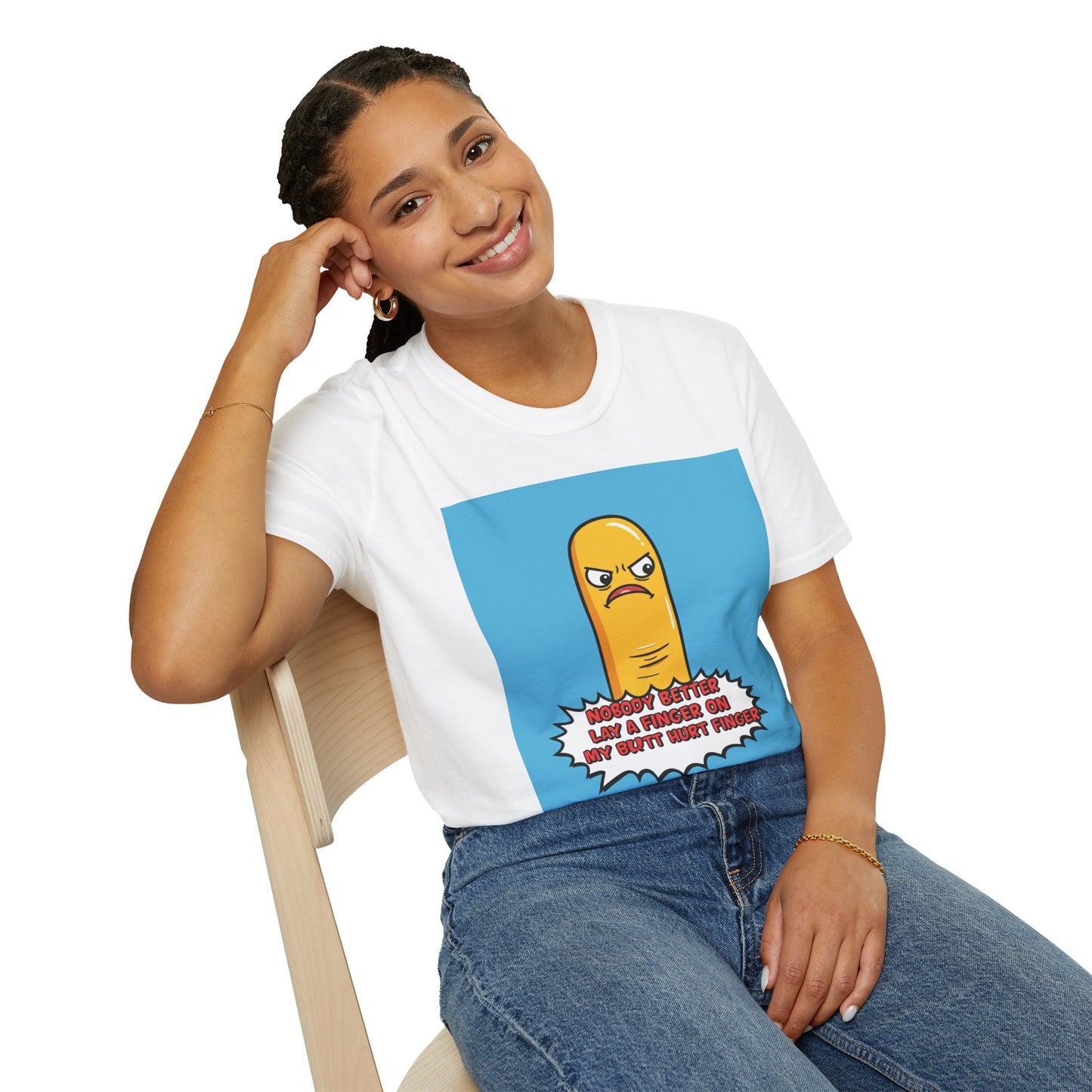 Person wearing a white t-shirt with a graphic design of an angry cartoon character and text 'Nobody better lay a finger on my butt hurt finger' on a blue background.
