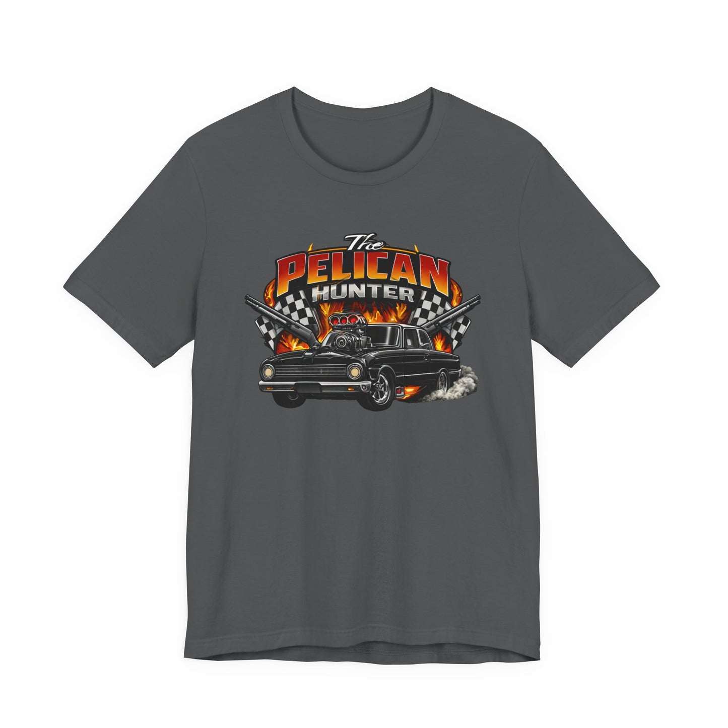 Gray t-shirt with a graphic design of a car and 'The Pelican Hunter' text on a white background