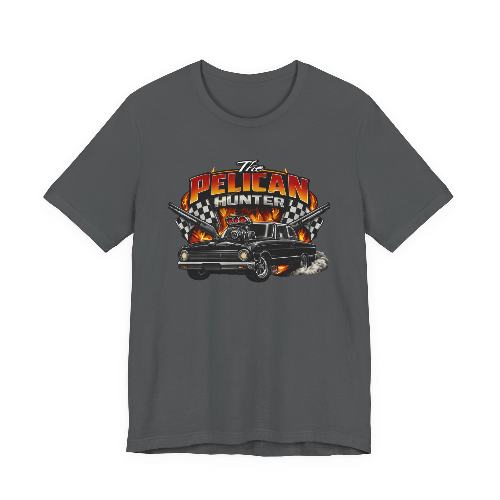 Gray t-shirt with a graphic design of a car and 'The Pelican Hunter' text on a white background