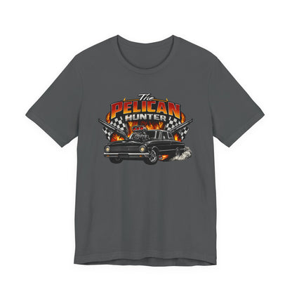 Gray t-shirt with a graphic design of a car and 'The Pelican Hunter' text on a white background