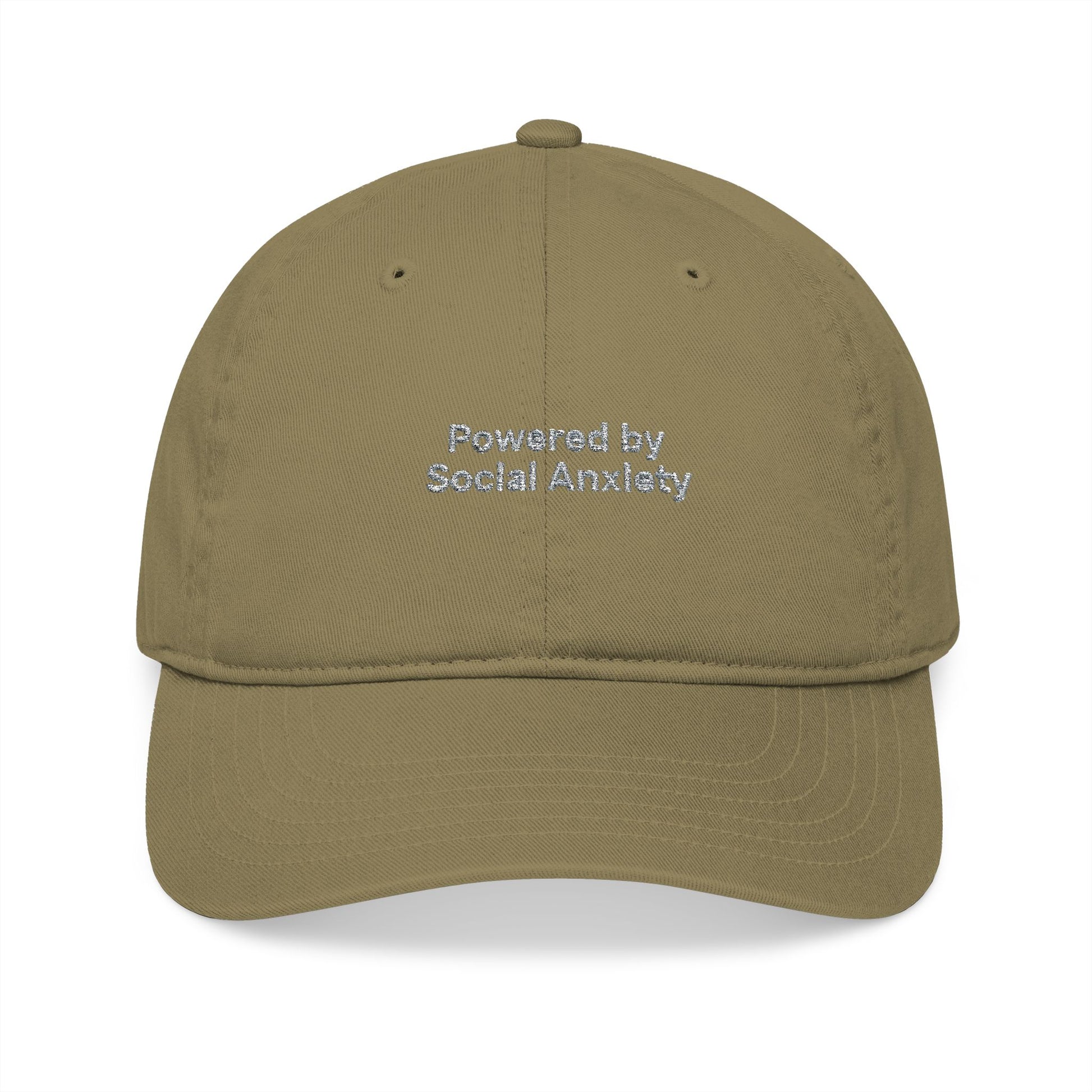 Khaki cap with 'Powered by Social Anxiety' text on a white background