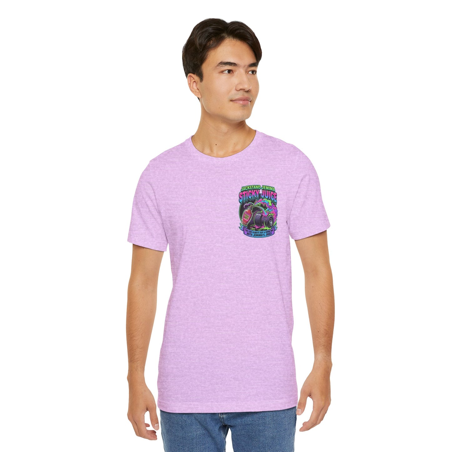 Man wearing a light purple t-shirt with a colorful graphic and text  'Jackedstand Jemima Sticky Juice You Can Always Rip A Good One With Jemima's Juice' on a white background