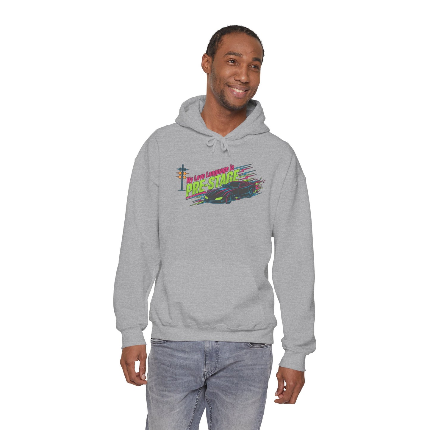 Man wearing a gray hoodie with a graphic design and text 'My Love Language is Pre-Stage' on a white background