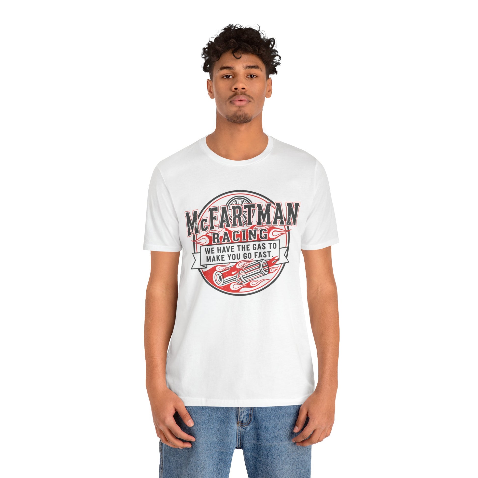 Person wearing a white t-shirt with 'McFartman Racing' graphic design on a white background