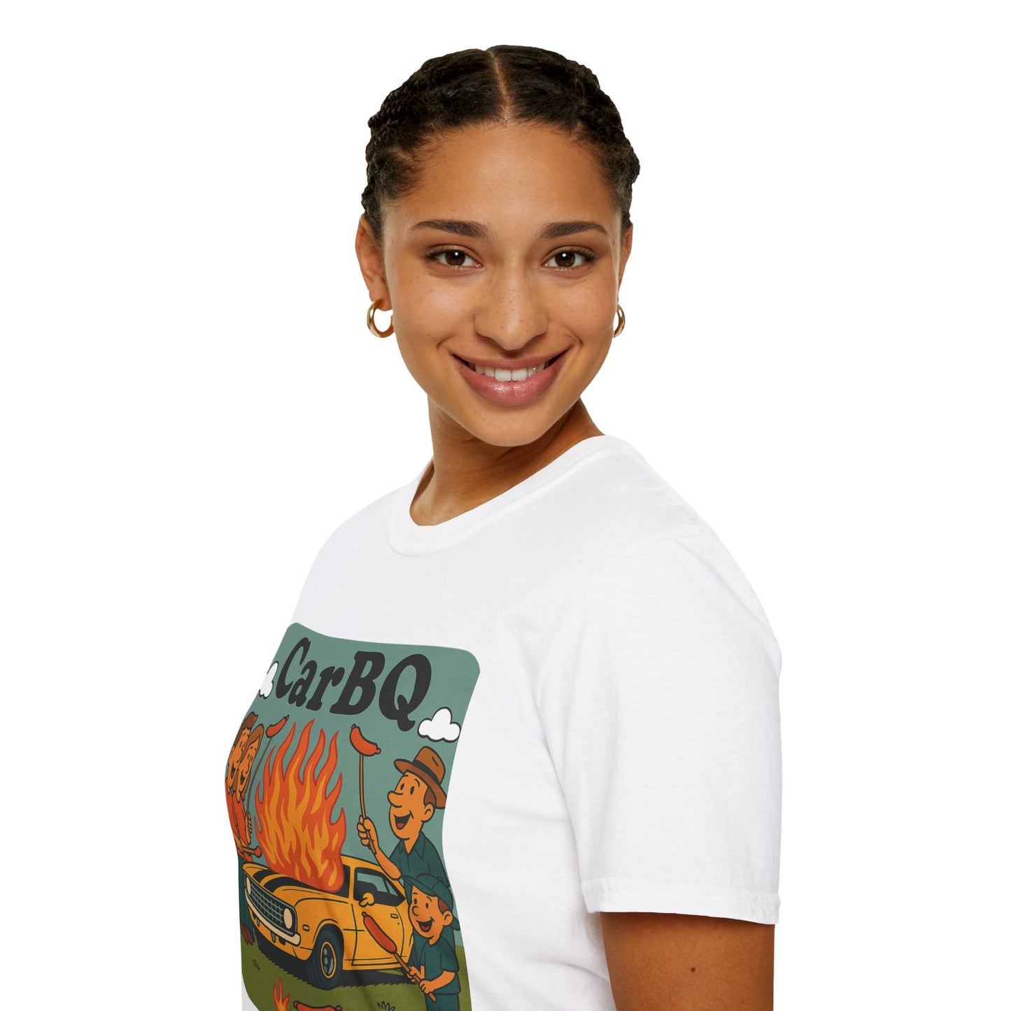Person wearing a white t-shirt with a graphic design and text 'CarBQ' on a white background