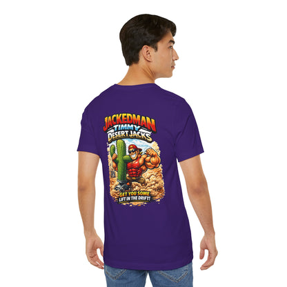Person wearing a purple t-shirt with a graphic design and 'Jackedman Timmy Desert Jacks Get You Some Lift In The Drift' text on the back, set against a white background