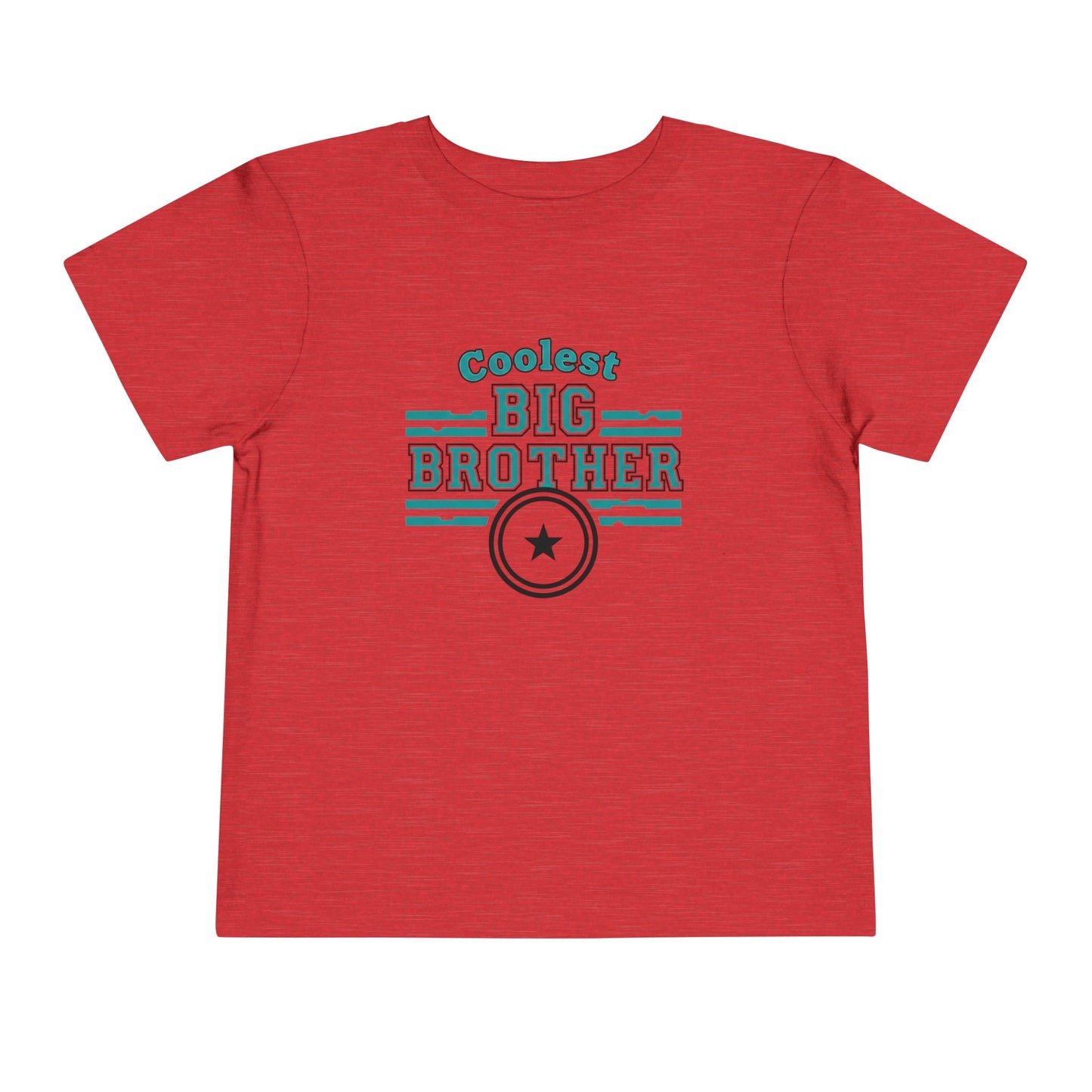 Red t-shirt with 'Coolest Big Brother' text on a white background