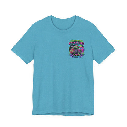 Blue t-shirt with a colorful graphic and text  'Jackedstand Jemima Sticky Juice You Can Always Rip A Good One With Jemima's Juice' on a white background