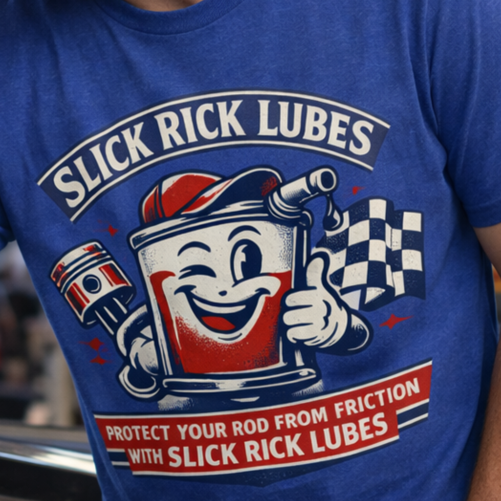 Close up of Slick Rick Lubes motorsports humor graphic on Bella Canvas 3001 t shirt