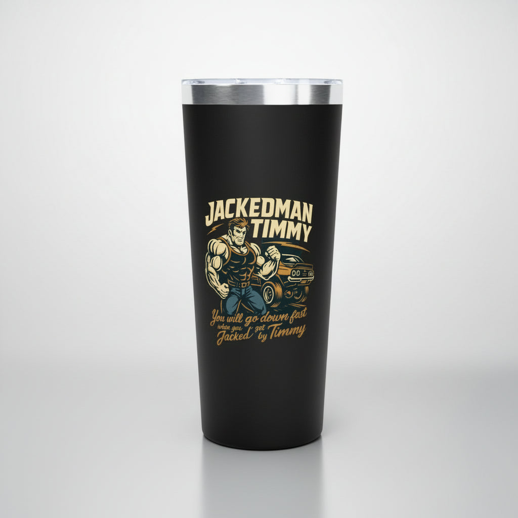 Black tumbler with 'Jackedman Timmy' graphic design on a white background