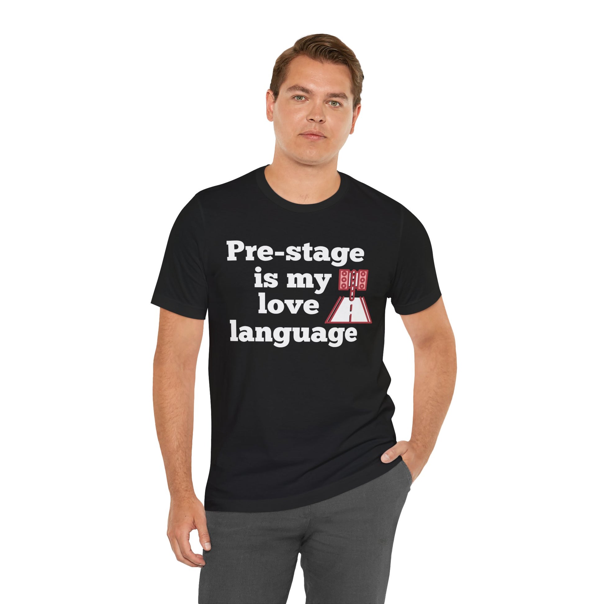 Man wearing a black t-shirt with text 'Snooze button is my love language' and graphic design on a white background