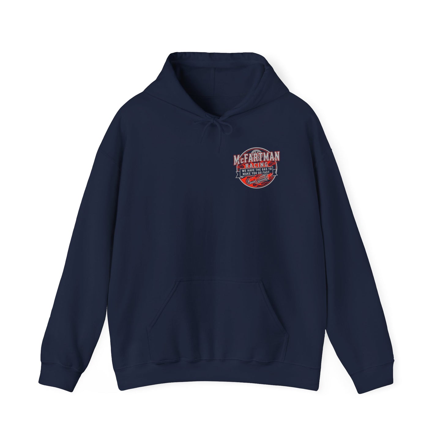 Navy blue hoodie with a logo McFartman Racing We have the gas to make you go fast on the chest against a white background