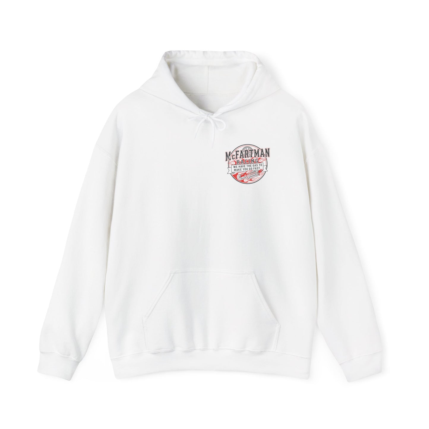 White hoodie with a logo McFartman Racing We have the gas to make you go fast on the chest against a white background