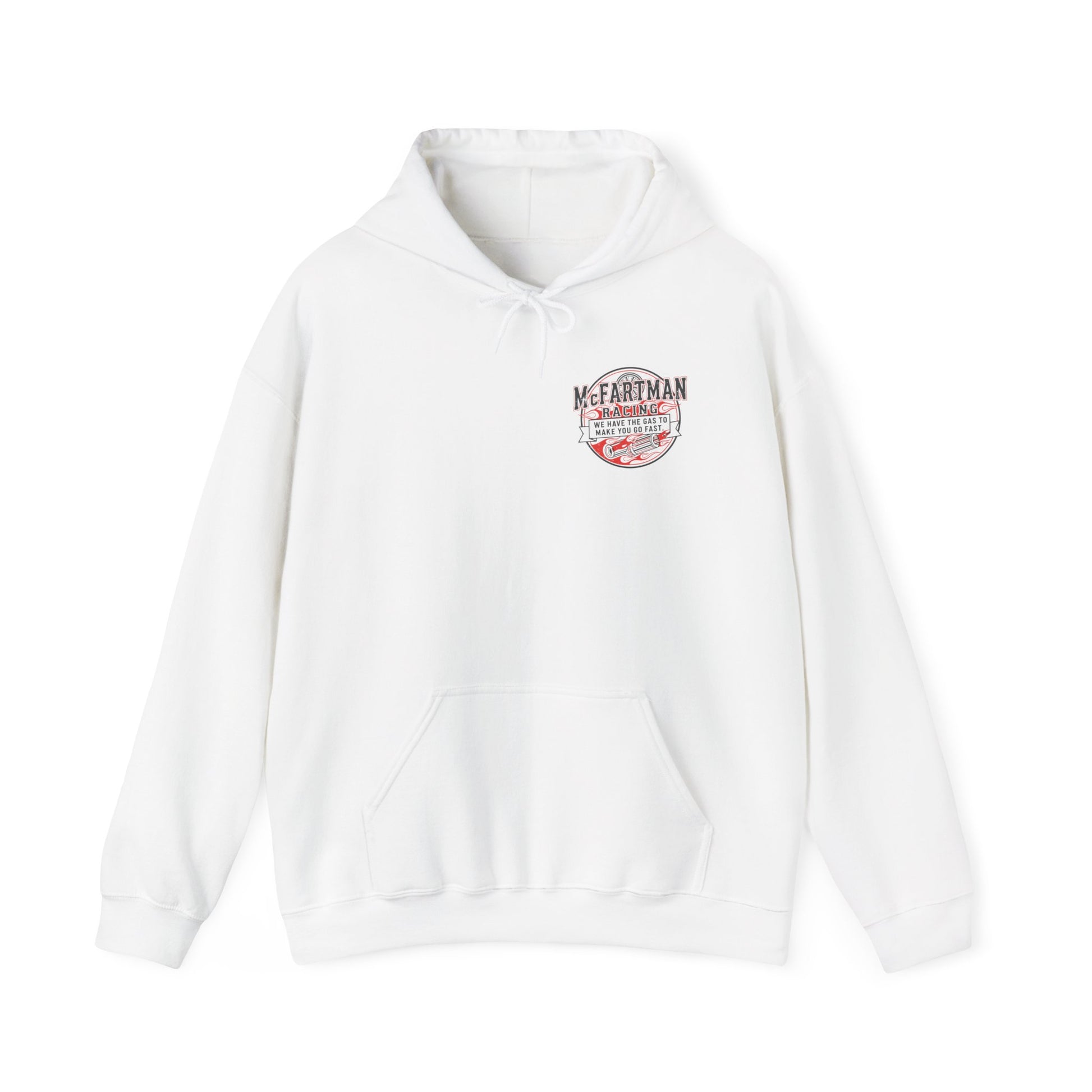 White hoodie with a logo McFartman Racing We have the gas to make you go fast on the chest against a white background