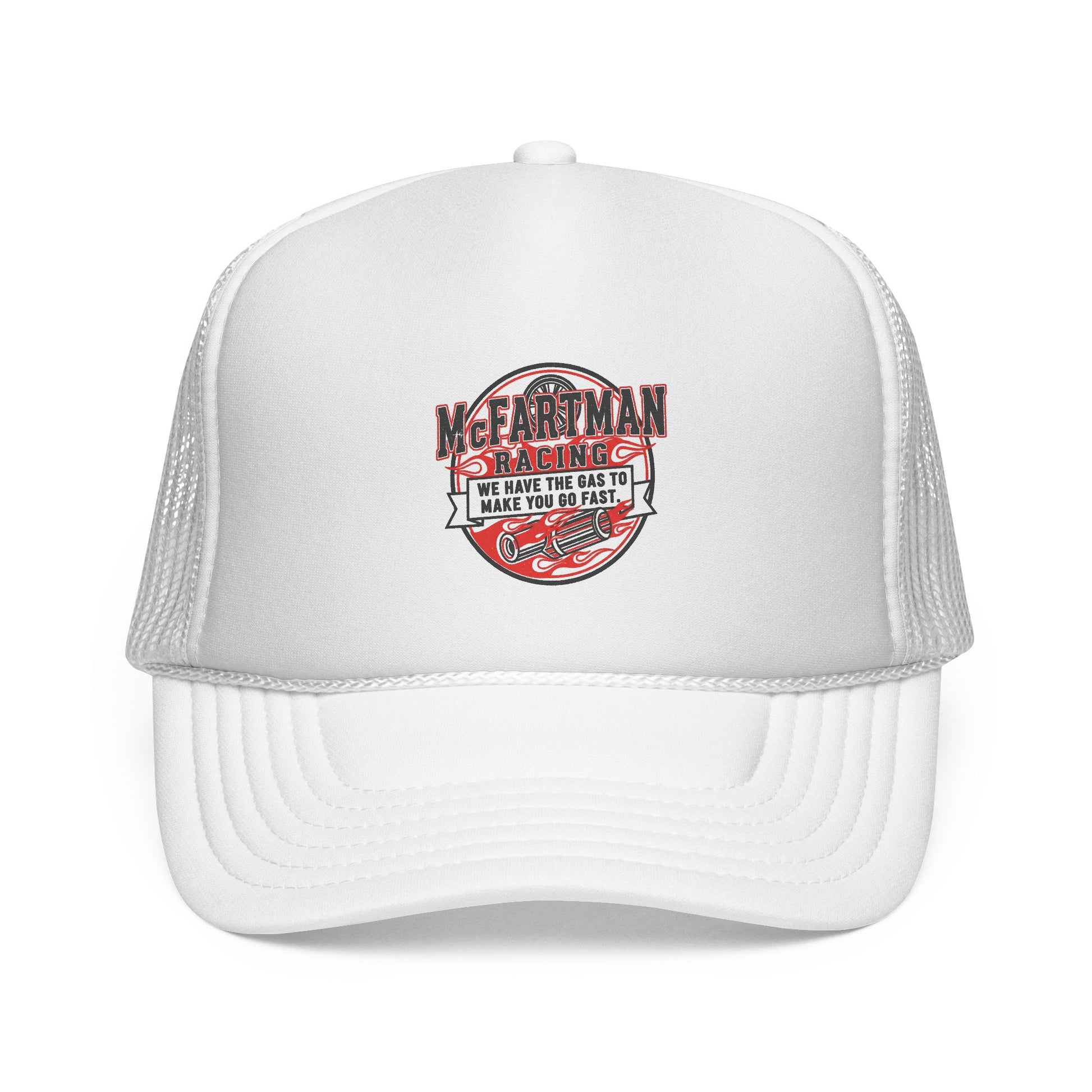 White trucker cap with a red and black logo McFARTMAN Racing We have the gas to make you go fast on a white background