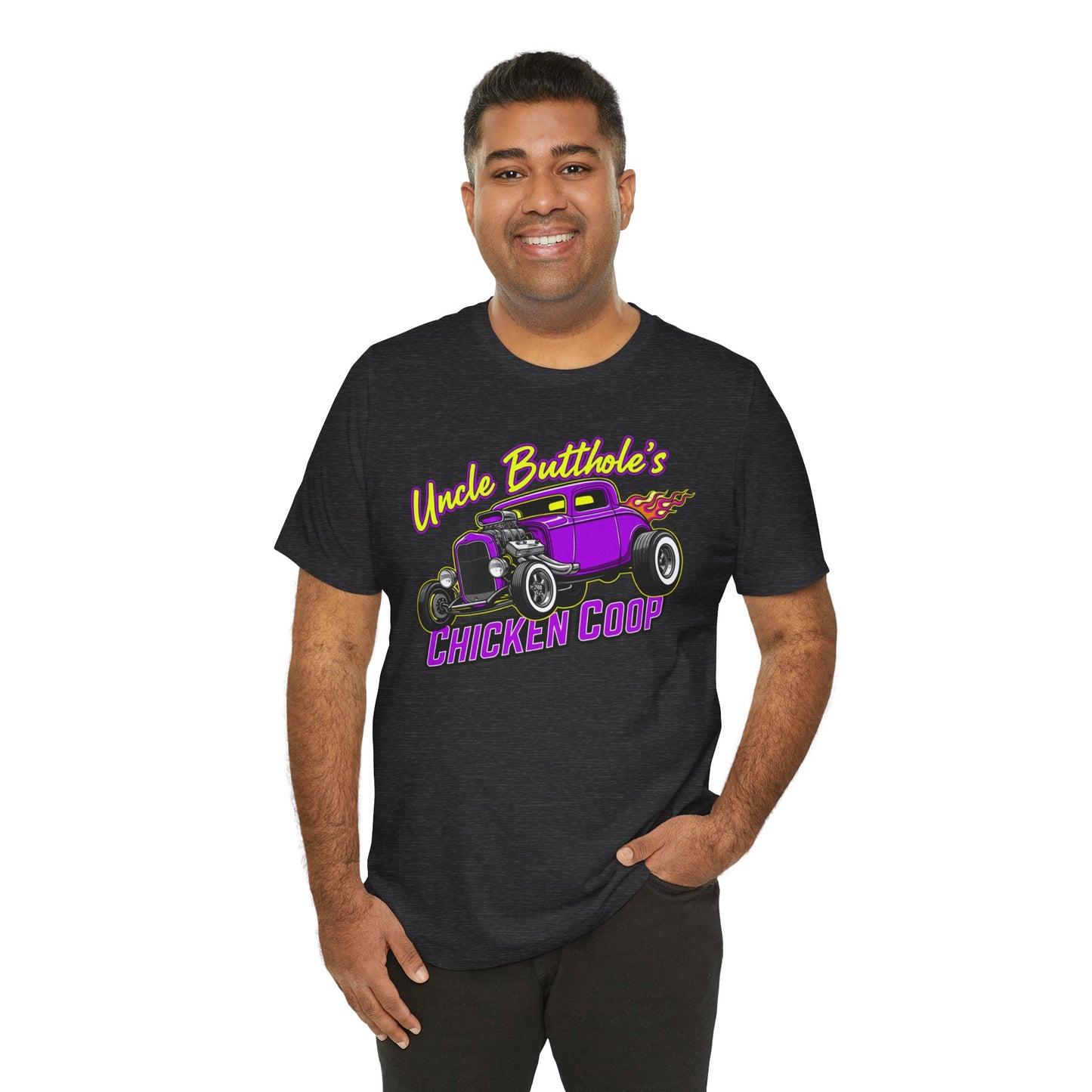 Man wearing a black t-shirt with a graphic design and text 'Uncle Butthole's Chicken Coop' on a white background