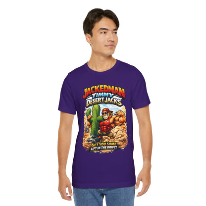 Man wearing a purple t-shirt with 'Jimmy Desert Jacks' graphic design on a white background