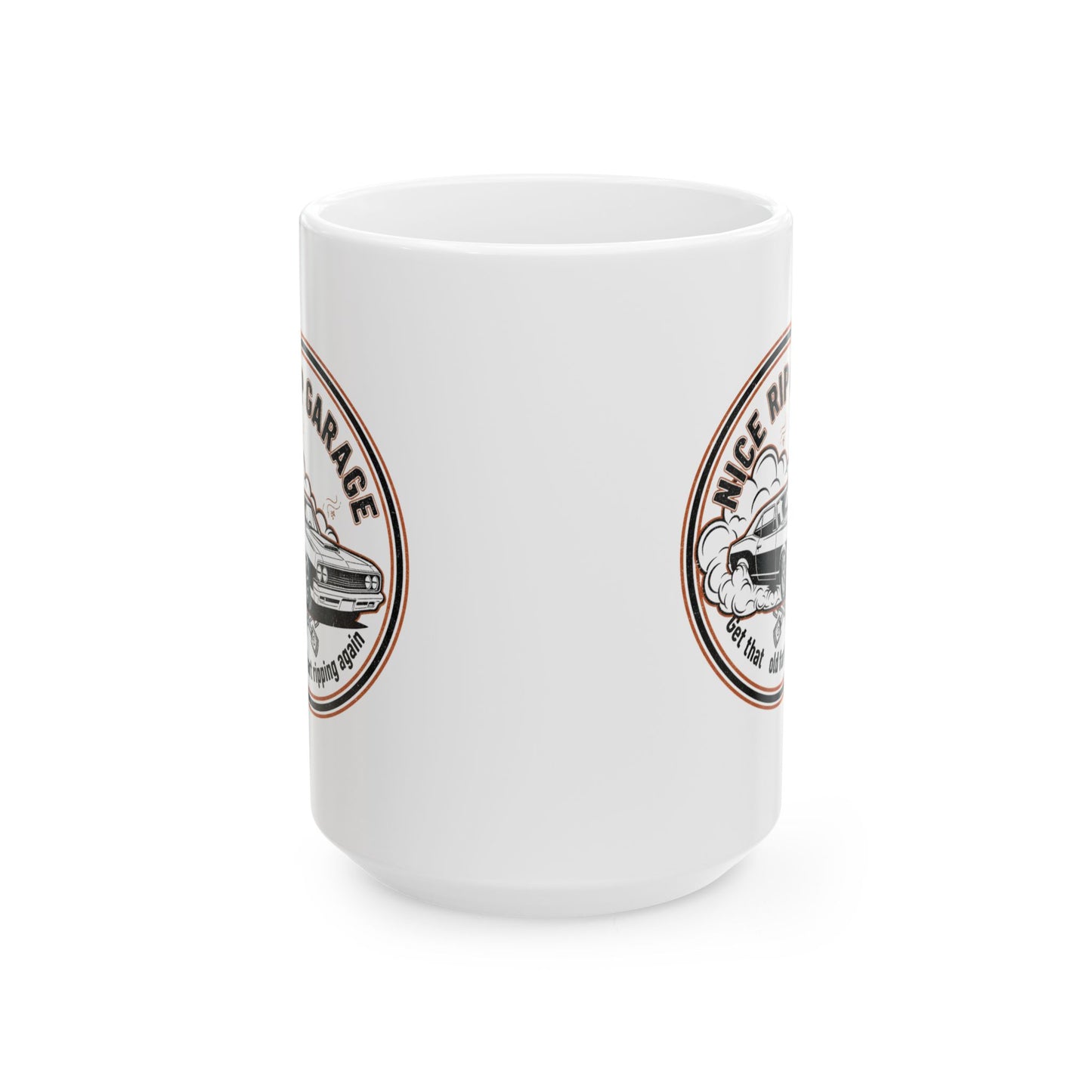 White mug with 'NICE RIP GARAGE' logo on a white background