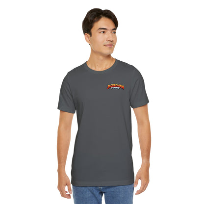 Man wearing a gray t-shirt with a 'Jackedman Timmy' logo on a white background