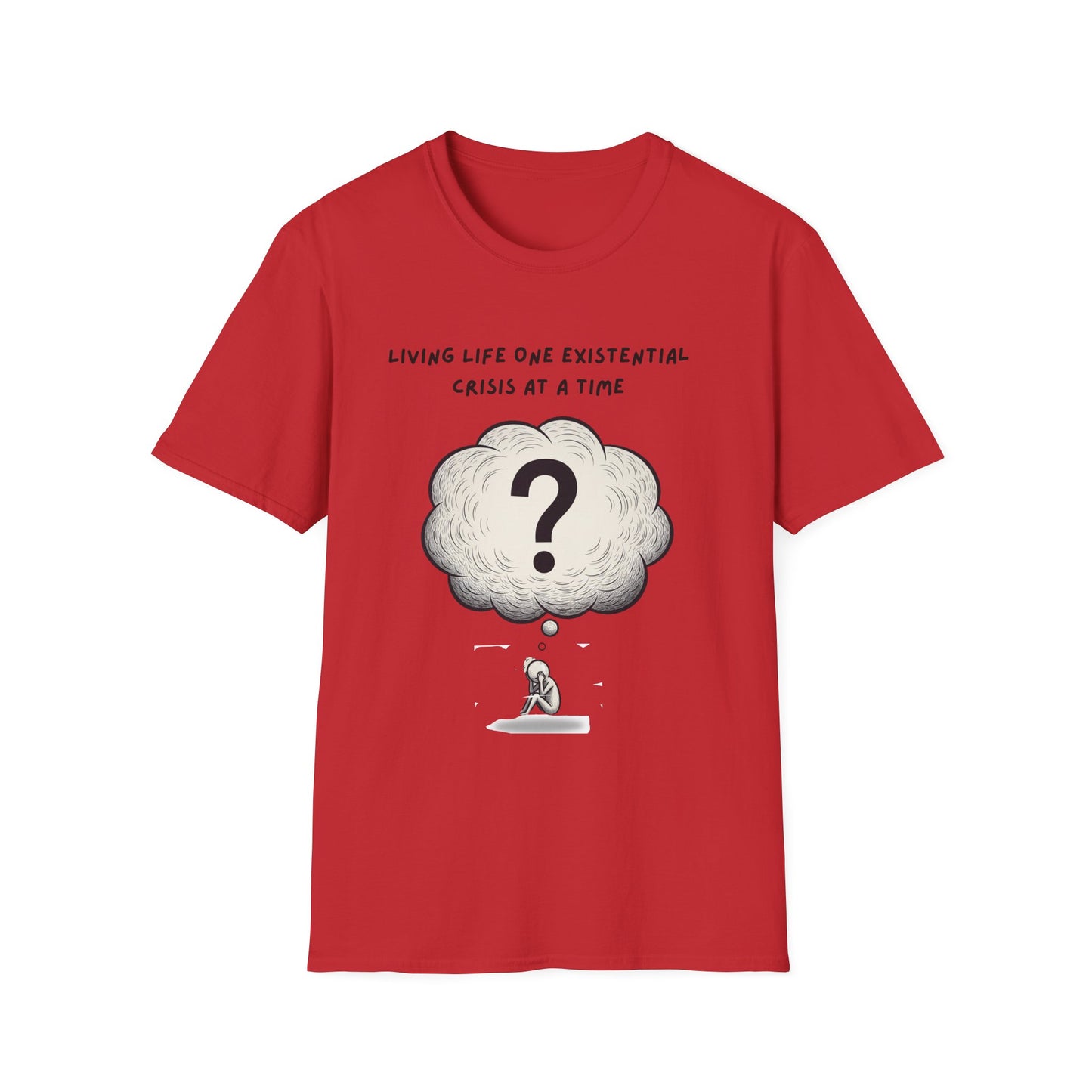 Red t-shirt with a cloud graphic and text  'Living Life One Existential Crisis At A Time' on a white background