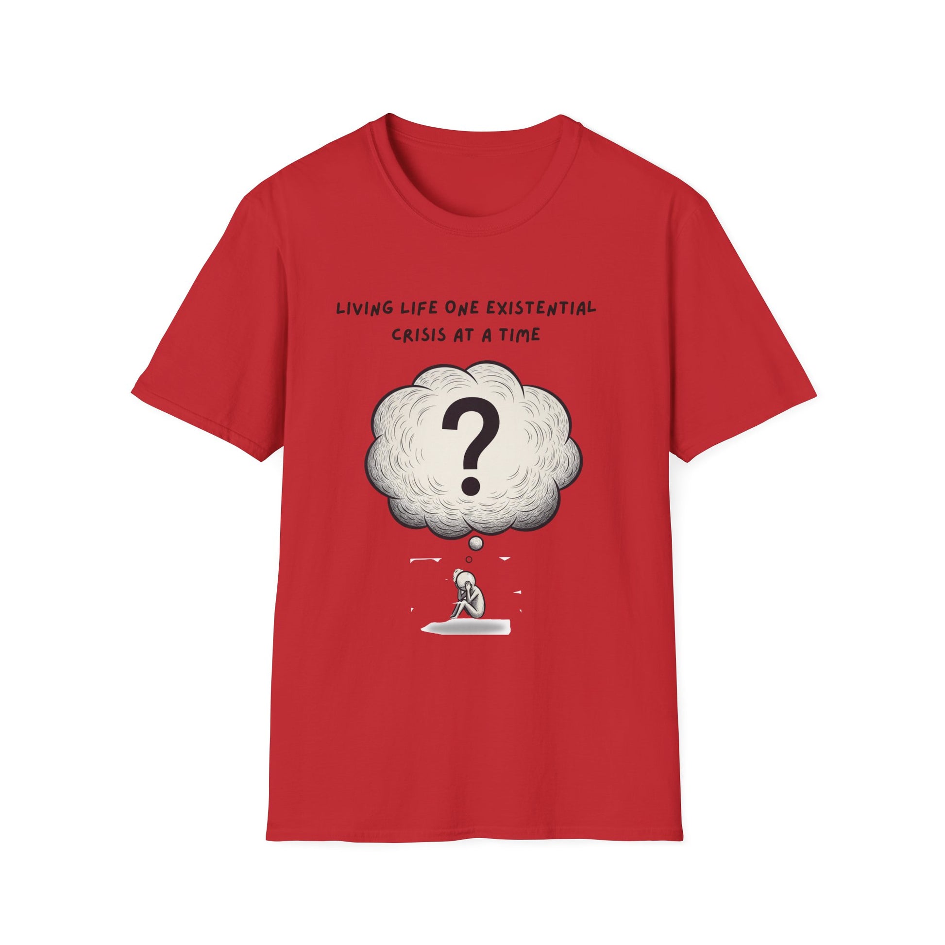Red t-shirt with a cloud graphic and text  'Living Life One Existential Crisis At A Time' on a white background